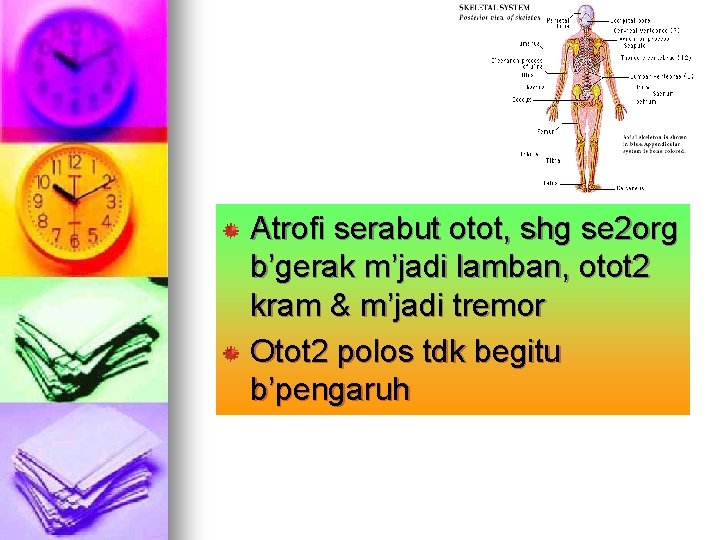 Atrofi serabut otot, shg se 2 org b’gerak m’jadi lamban, otot 2 kram &