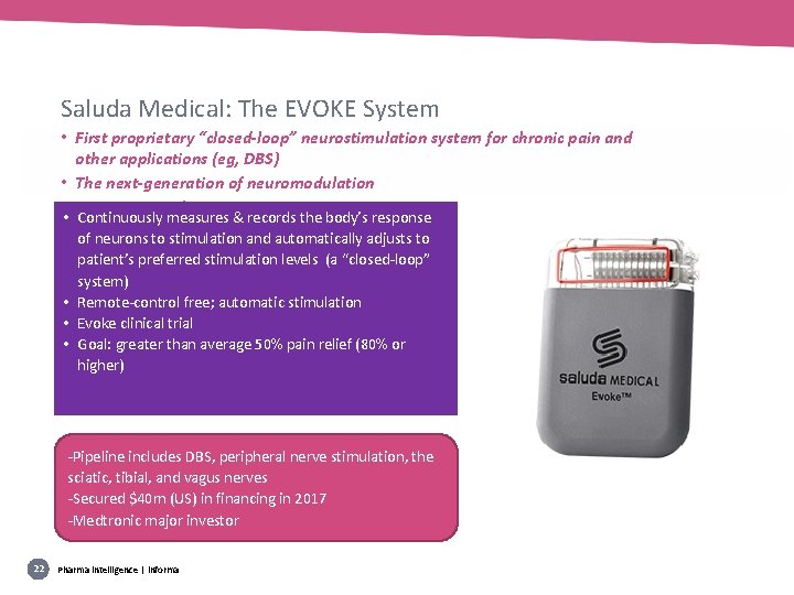 Saluda Medical: The EVOKE System • First proprietary “closed-loop” neurostimulation system for chronic pain