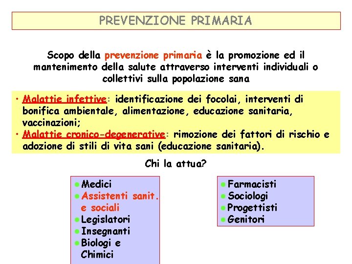 PREVENZIONE PRIMARIA Scopo della prevenzione primaria è la promozione ed il mantenimento della salute