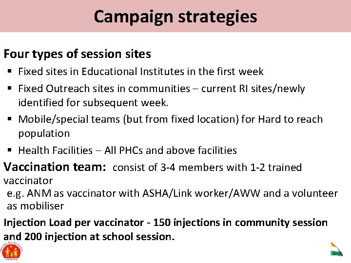 Campaign strategies Four types of session sites § Fixed sites in Educational Institutes in