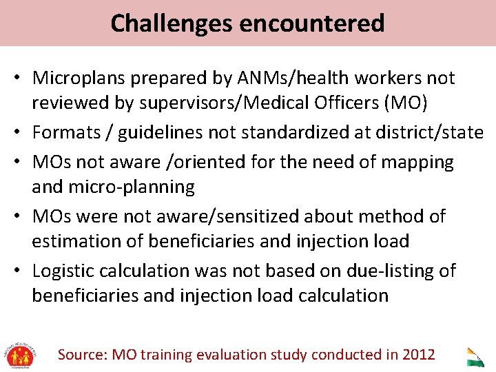 Challenges encountered • Microplans prepared by ANMs/health workers not reviewed by supervisors/Medical Officers (MO)