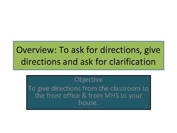 Overview: To ask for directions, give directions and ask for clarification Objective To give