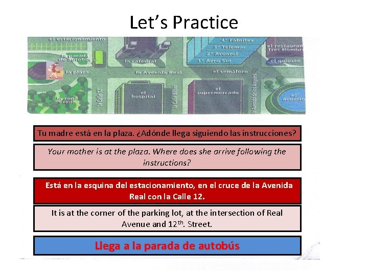 Let’s Practice ¿Adónde quieren ir? Tu madre está en la plaza. ¿Adónde llega siguiendo