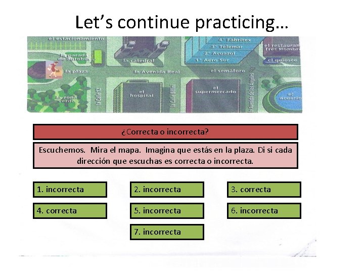 Let’s continue practicing… ¿Adónde quieren ir? ¿Correcta o incorrecta? Escuchemos. Mira el mapa. Imagina