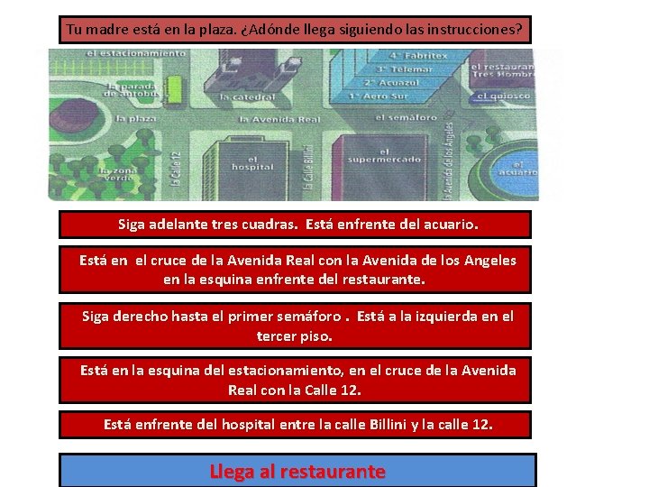 Tu madre está en la plaza. ¿Adónde llega siguiendo las instrucciones? Siga adelante tres