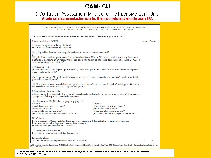 CAM-ICU ( Confusion Assessment Method for de Intensive Care Unit) Grado de recomendación fuerte.