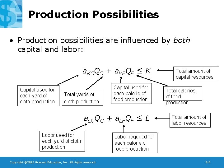Production Possibilities • Production possibilities are influenced by both capital and labor: a. KCQC