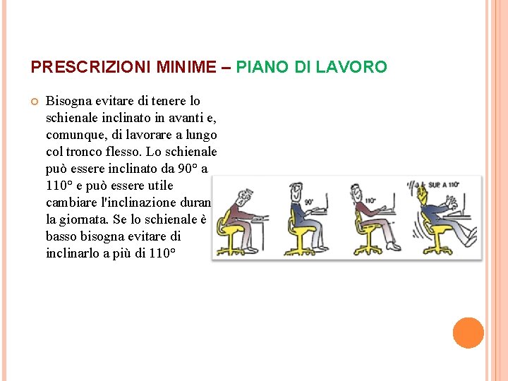 PRESCRIZIONI MINIME – PIANO DI LAVORO Bisogna evitare di tenere lo schienale inclinato in