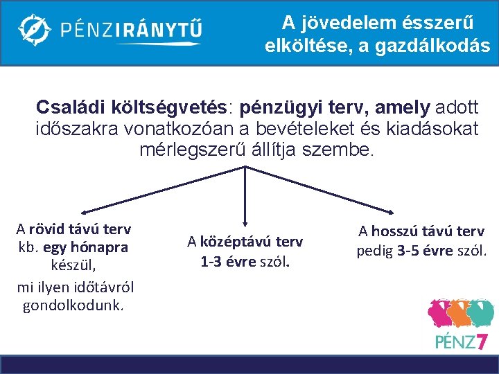 A jövedelem ésszerű elköltése, a gazdálkodás Családi költségvetés: pénzügyi terv, amely adott időszakra vonatkozóan