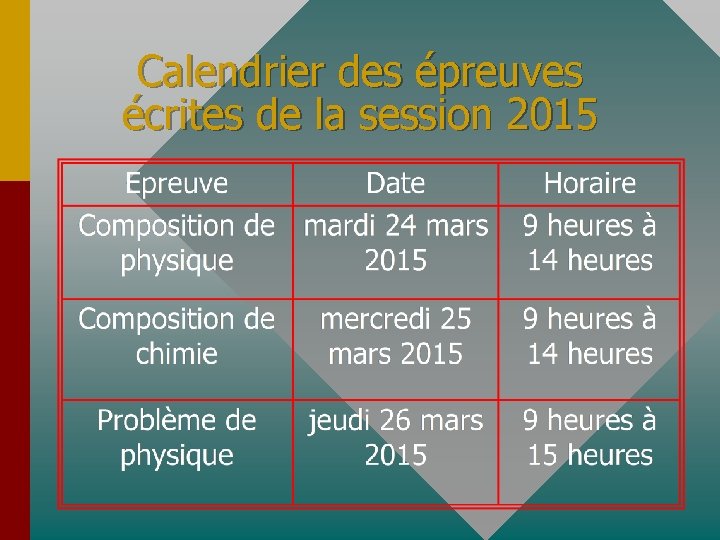 Calendrier des épreuves écrites de la session 2015 