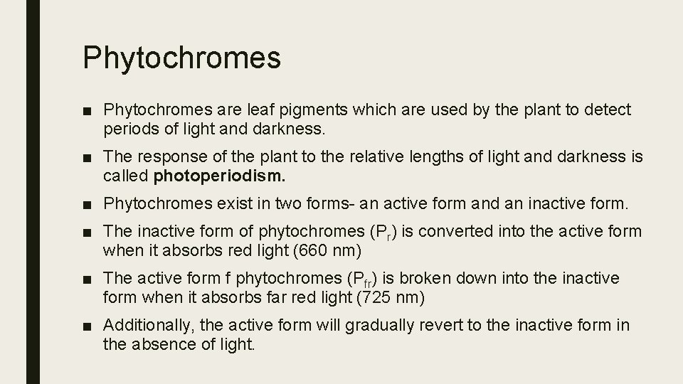 Phytochromes ■ Phytochromes are leaf pigments which are used by the plant to detect