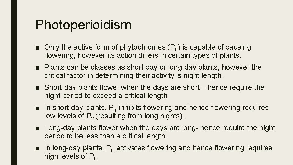 Photoperioidism ■ Only the active form of phytochromes (Pfr) is capable of causing flowering,