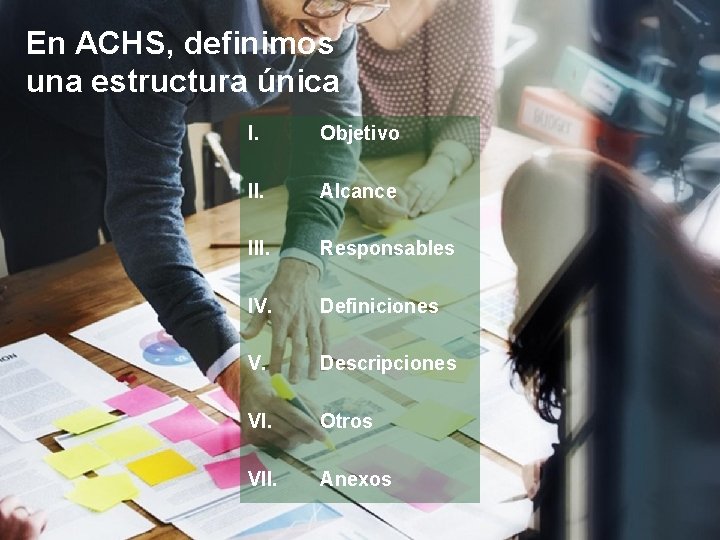 En ACHS, definimos una estructura única I. Objetivo II. Alcance III. Responsables IV. Definiciones