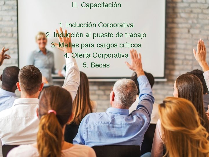 III. Capacitación 1. Inducción Corporativa 2. Inducción al puesto de trabajo 3. Mallas para