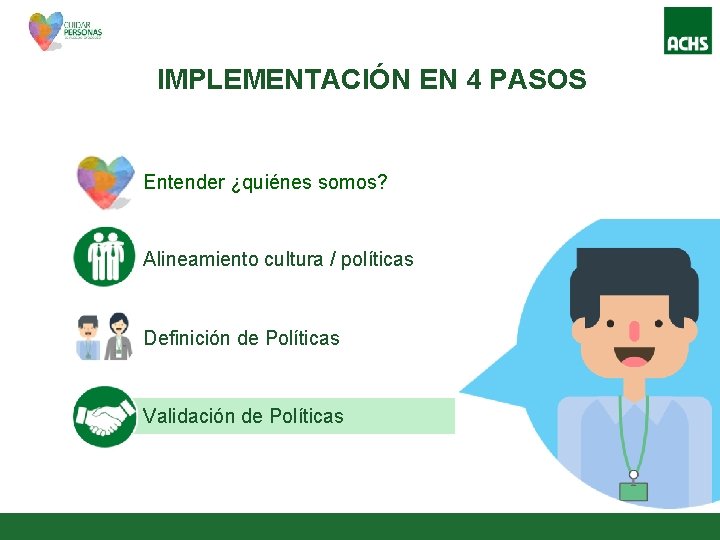 IMPLEMENTACIÓN EN 4 PASOS Entender ¿quiénes somos? Alineamiento cultura / políticas Definición de Políticas