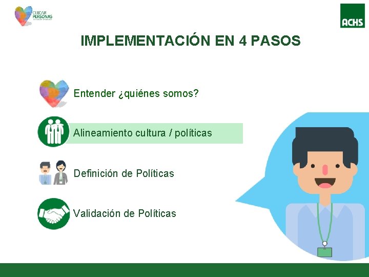 IMPLEMENTACIÓN EN 4 PASOS Entender ¿quiénes somos? Alineamiento cultura / políticas Definición de Políticas