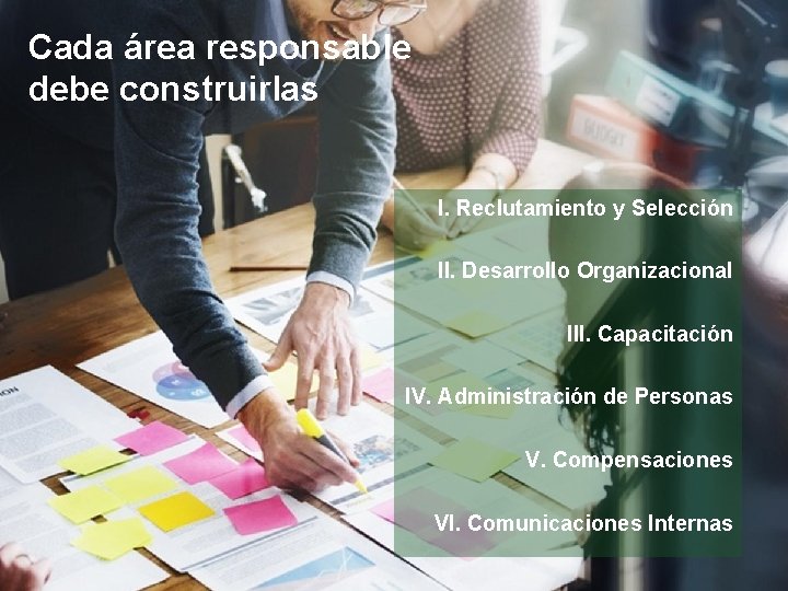 Cada área responsable debe construirlas I. Reclutamiento y Selección II. Desarrollo Organizacional III. Capacitación