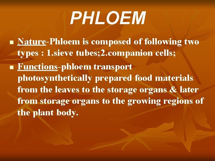 PHLOEM n n Nature-Phloem is composed of following two types : 1. sieve tubes;