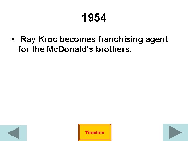 1954 • Ray Kroc becomes franchising agent for the Mc. Donald’s brothers. Timeline 