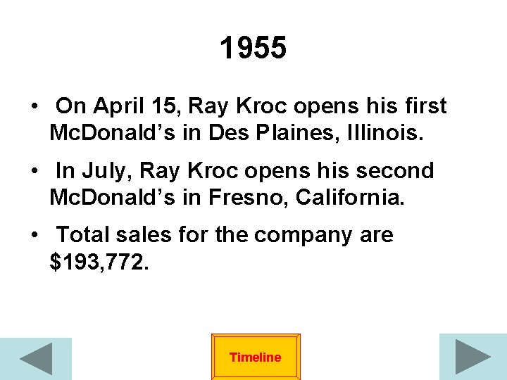 1955 • On April 15, Ray Kroc opens his first Mc. Donald’s in Des