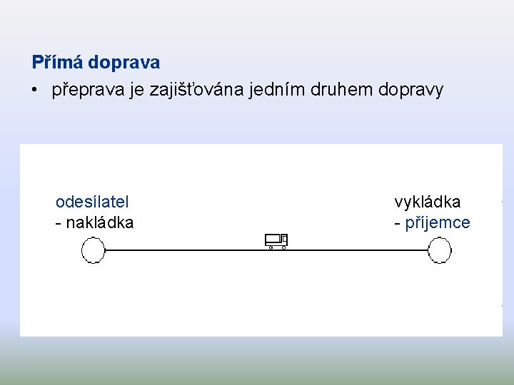 Přímá doprava • přeprava je zajišťována jedním druhem dopravy odesílatel - nakládka vykládka -