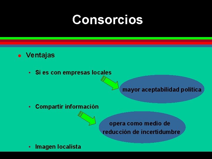 Consorcios l Ventajas • Si es con empresas locales mayor aceptabilidad política • Compartir