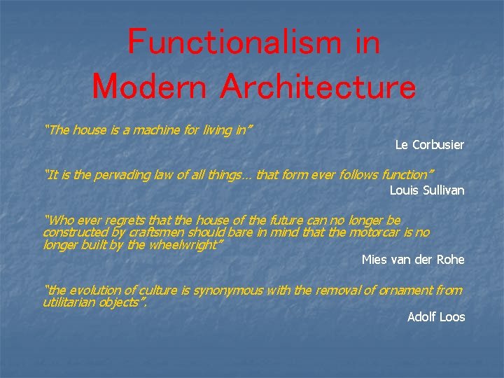 Functionalism in Modern Architecture “The house is a machine for living in” Le Corbusier