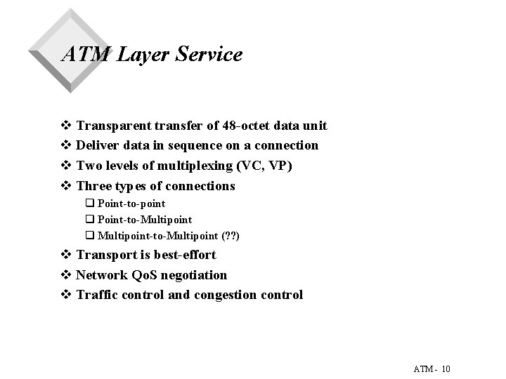 ATM Layer Service v Transparent transfer of 48 -octet data unit v Deliver data ATM Layer Service v Transparent transfer of 48 -octet data unit v Deliver data