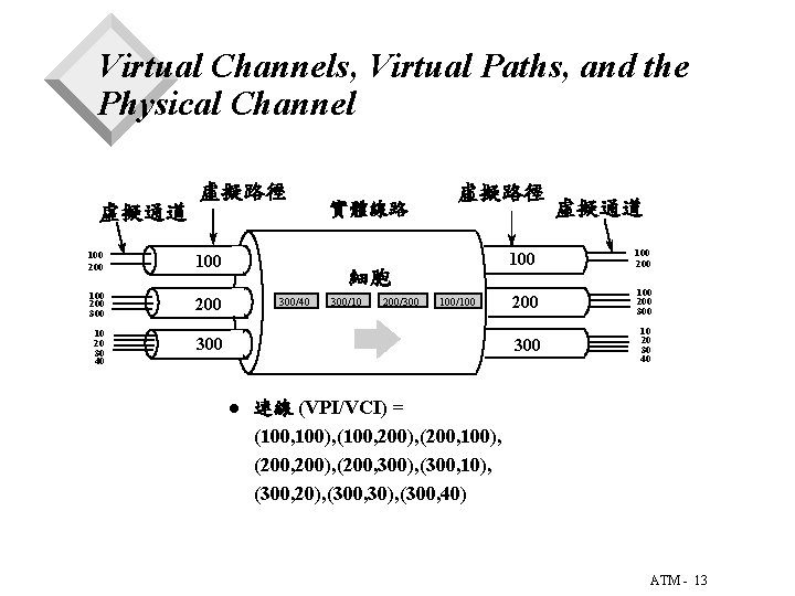 Virtual Channels, Virtual Paths, and the Physical Channel 虛擬通道 虛擬路徑 100 200 300 200 Virtual Channels, Virtual Paths, and the Physical Channel 虛擬通道 虛擬路徑 100 200 300 200