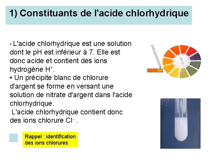 1) Constituants de l'acide chlorhydrique • L'acide chlorhydrique est une solution dont le p.