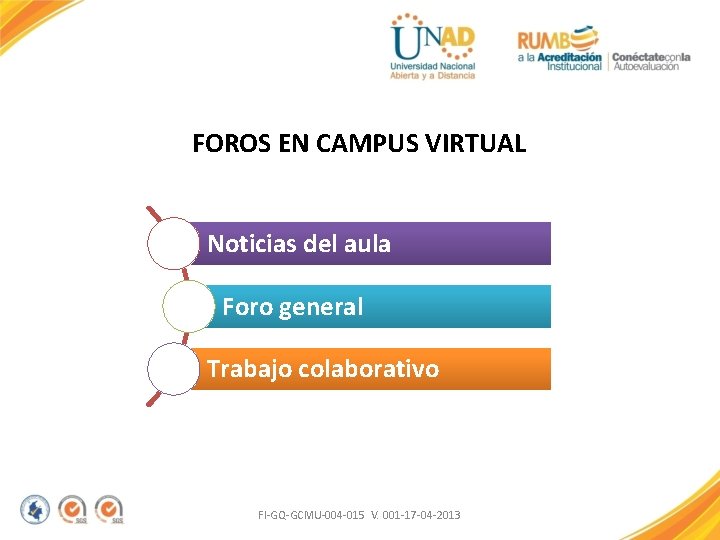 FOROS EN CAMPUS VIRTUAL Noticias del aula Foro general Trabajo colaborativo FI-GQ-GCMU-004 -015 V.