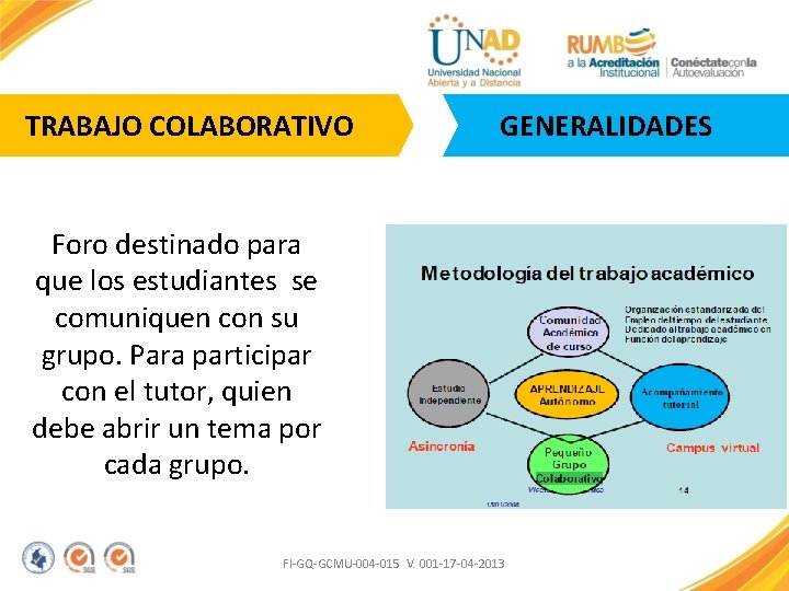 TRABAJO COLABORATIVO GENERALIDADES Foro destinado para que los estudiantes se comuniquen con su grupo.