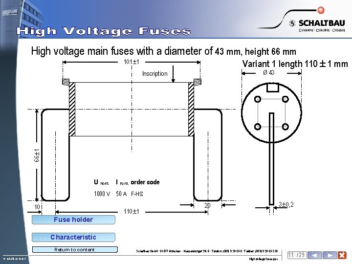 High voltage main fuses with a diameter of 43 mm, height 66 mm Variant