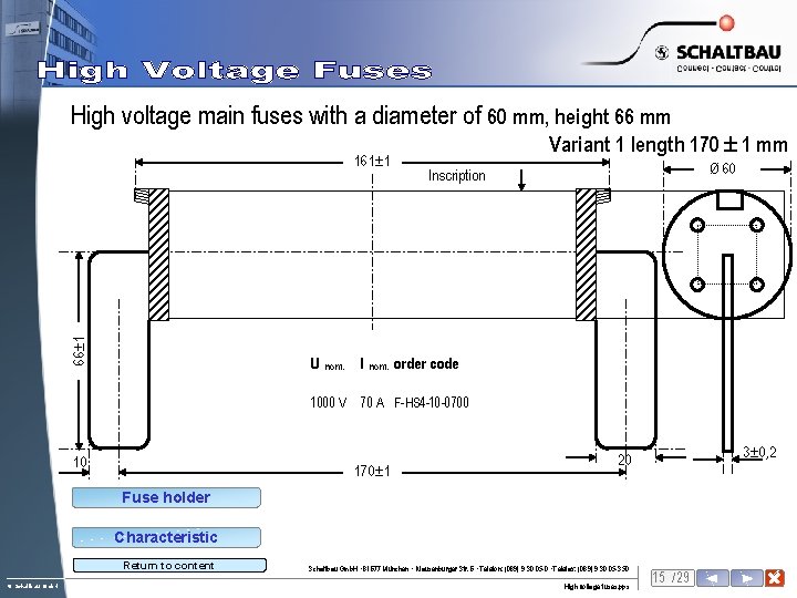 High voltage main fuses with a diameter of 60 mm, height 66 mm 66