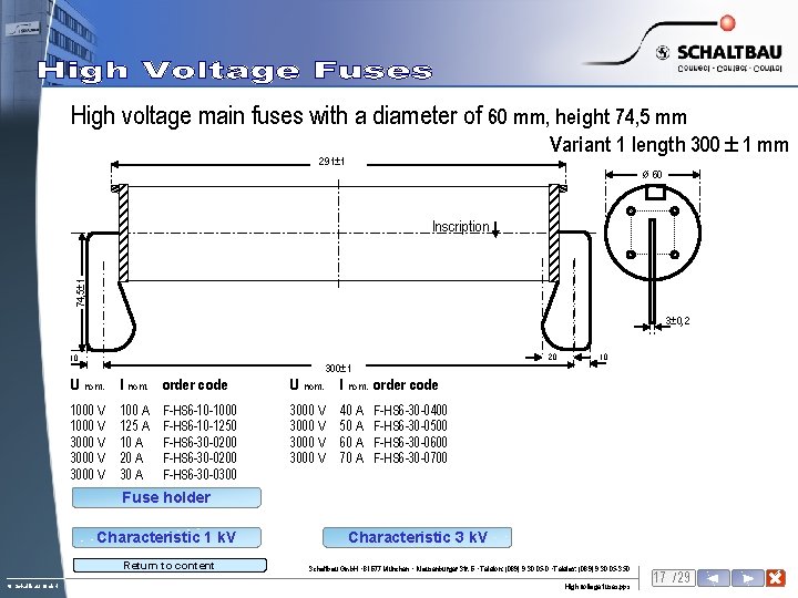 High voltage main fuses with a diameter of 60 mm, height 74, 5 mm