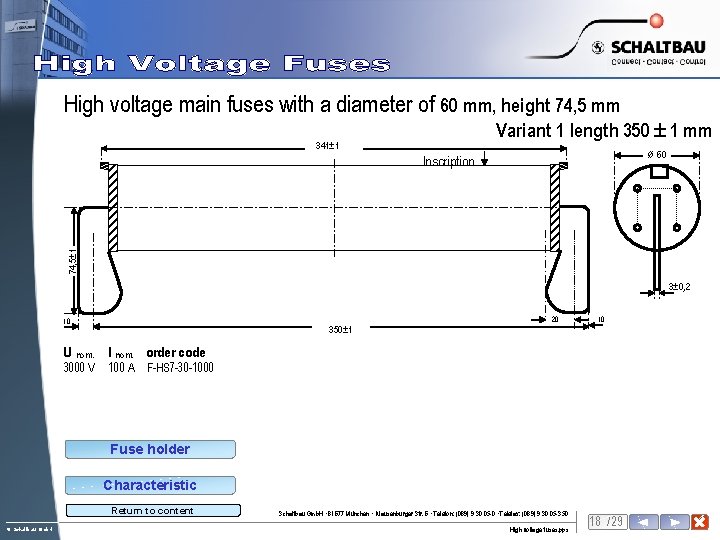 High voltage main fuses with a diameter of 60 mm, height 74, 5 mm