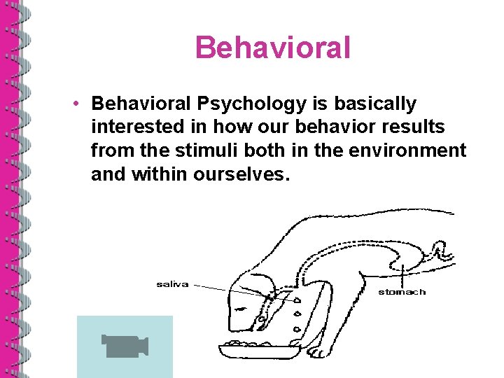 Behavioral • Behavioral Psychology is basically interested in how our behavior results from the