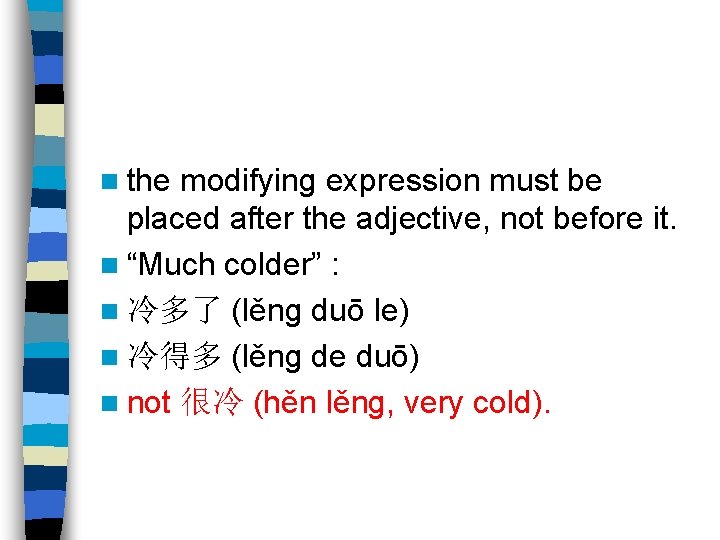 n the modifying expression must be placed after the adjective, not before it. n