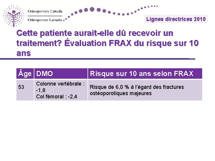 Lignes 2010 directrices Guidelines 2010 Cette patiente aurait-elle dû recevoir un traitement? Évaluation FRAX