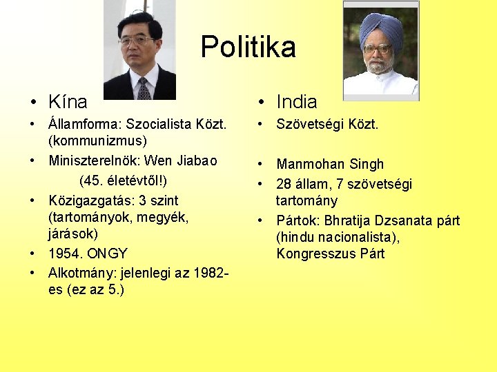 Politika • Kína • India • Államforma: Szocialista Közt. (kommunizmus) • Miniszterelnök: Wen Jiabao