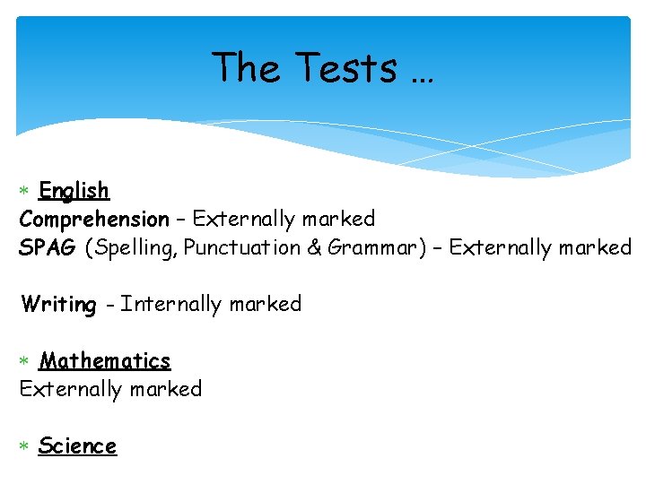 The Tests … English Comprehension – Externally marked SPAG (Spelling, Punctuation & Grammar) –