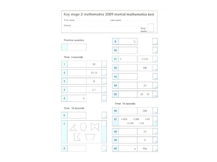 Mental Maths Answer Sheet 