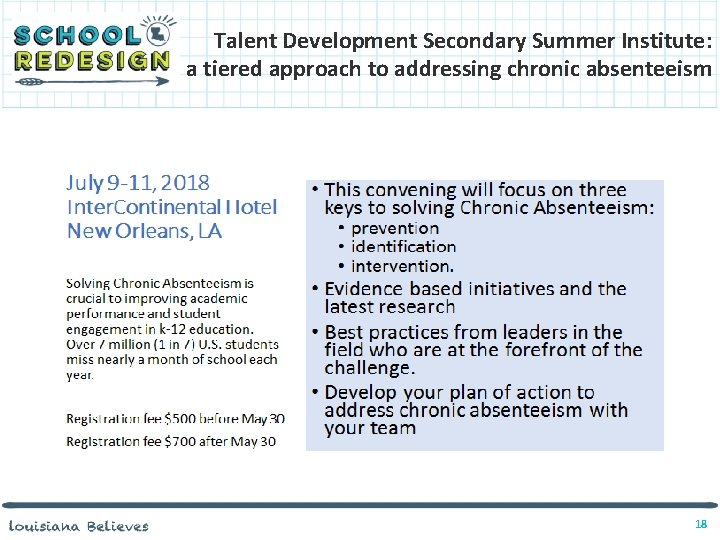 Talent Development Secondary Summer Institute: a tiered approach to addressing chronic absenteeism 18 