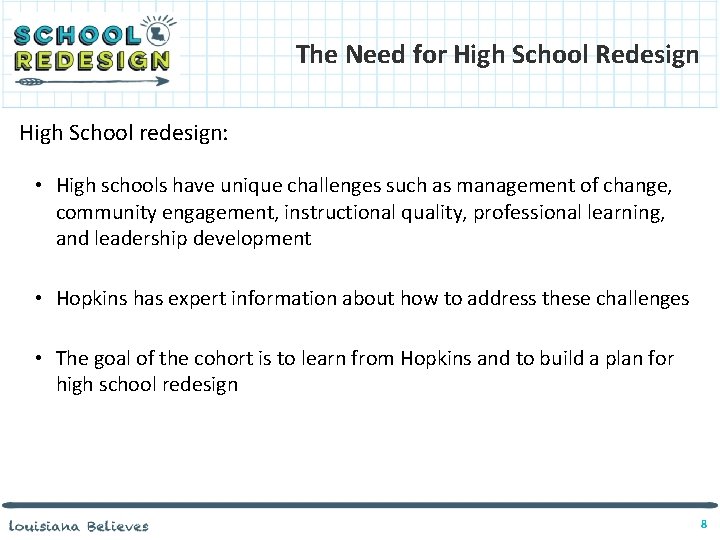 The Need for High School Redesign High School redesign: • High schools have unique