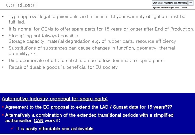 Conclusion 20 Hyundai Motor Europe Tech. Center • Type approval legal requirements and minimum