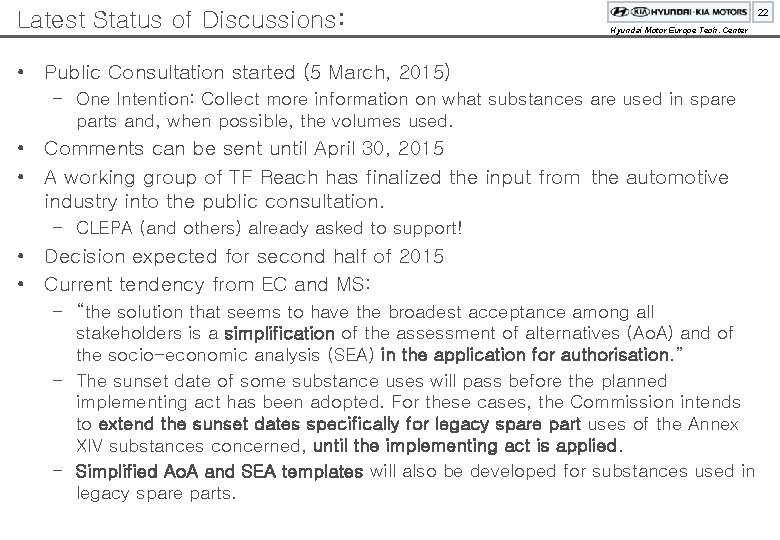 Latest Status of Discussions: 22 Hyundai Motor Europe Tech. Center • Public Consultation started