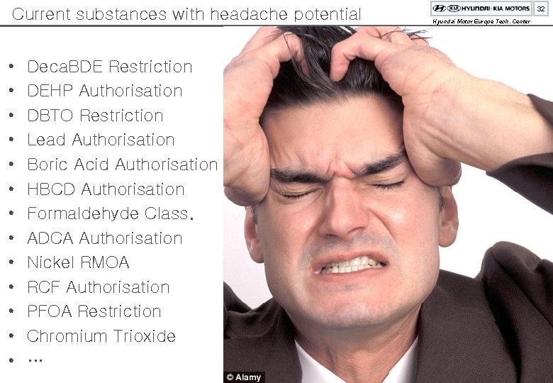 Current substances with headache potential • • • • Deca. BDE Restriction DEHP Authorisation