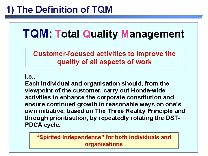 1) The Definition of TQM: Total Quality Management Customer-focused activities to improve the quality