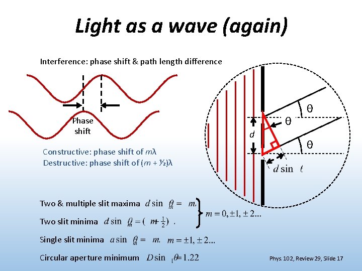 Light as a wave (again) Interference: phase shift & path length difference Phase shift