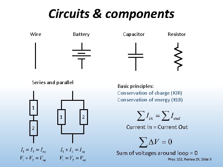 Circuits & components Wire Battery Series and parallel Capacitor Resistor Basic principles: Conservation of